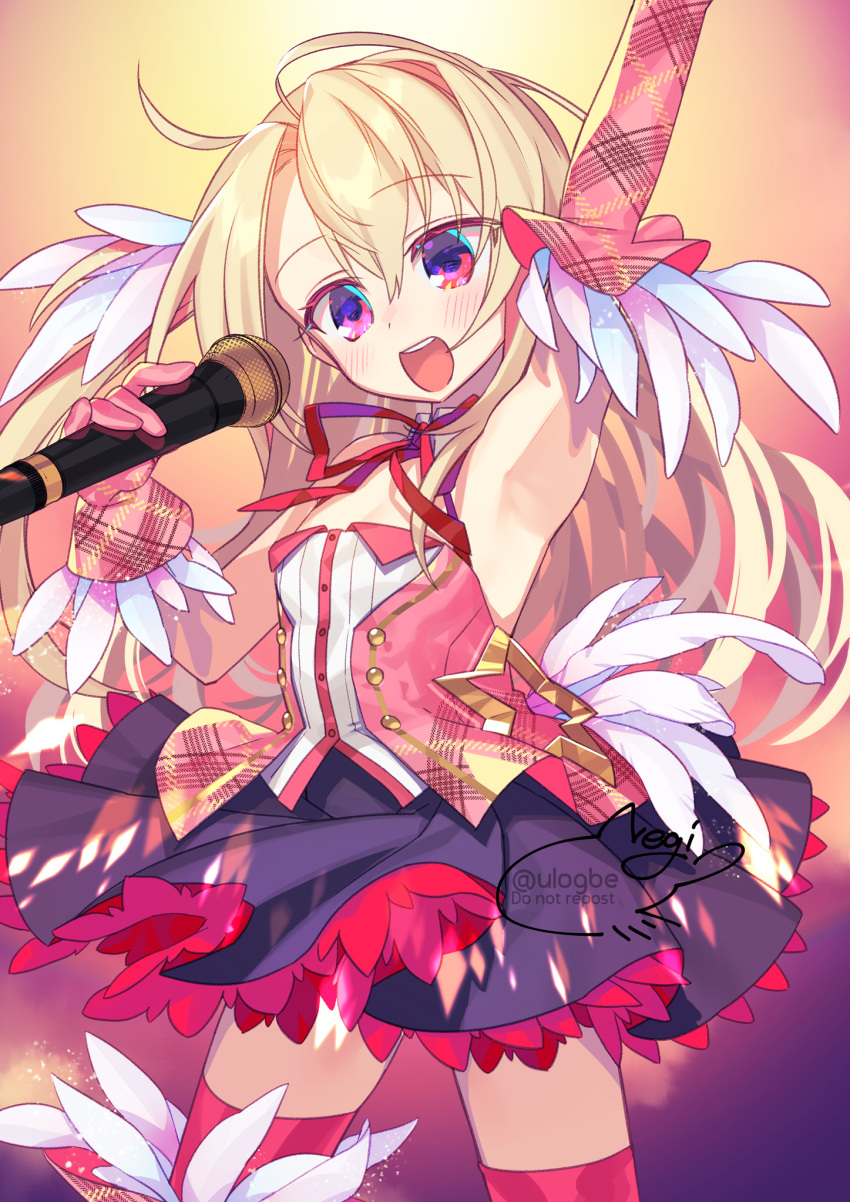 1girl arm_up armpits asymmetrical_gloves bangs black_skirt blonde_hair blush breasts commentary_request fate/kaleid_liner_prisma_illya fate_(series) feather_hair_ornament feathers gloves hair_between_eyes hair_ornament highres illyasviel_von_einzbern illyasviel_von_einzbern_(prisma_klangfest) long_hair looking_at_viewer microphone neck_ribbon negi_(ulog'be) one_side_up open_mouth pink_gloves pink_legwear pink_vest plaid red_eyes ribbon sidelocks skirt small_breasts smile solo thighhighs thighs vest