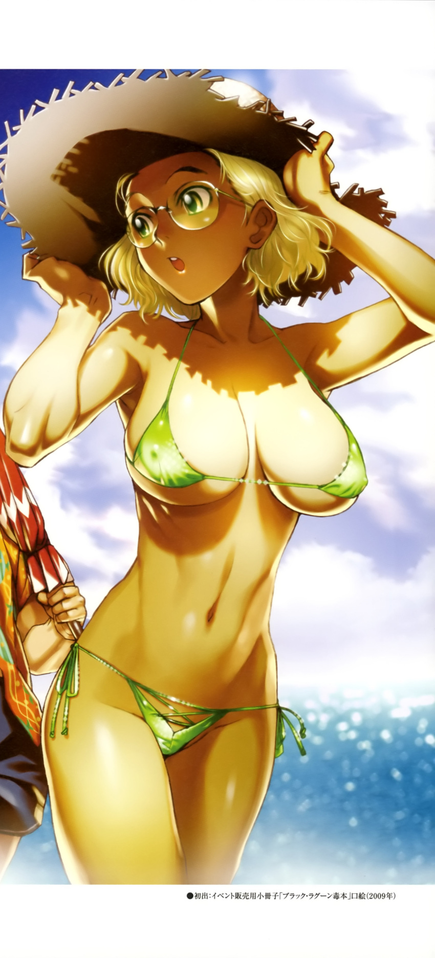 1girl absurdres agua-verde beach_umbrella bikini black_lagoon blonde_hair breasts cleavage closed_umbrella cloud covered_nipples day facial_hair glasses green_bikini green_eyes hat highres hiroe_rei huge_breasts janet_bhai large_breasts micro_bikini navel nipples non-web_source official_art rimless_eyewear shiny shiny_skin shirt short_hair shorts side-tie_bikini sky stubble sun_hat swimsuit tan umbrella underboob