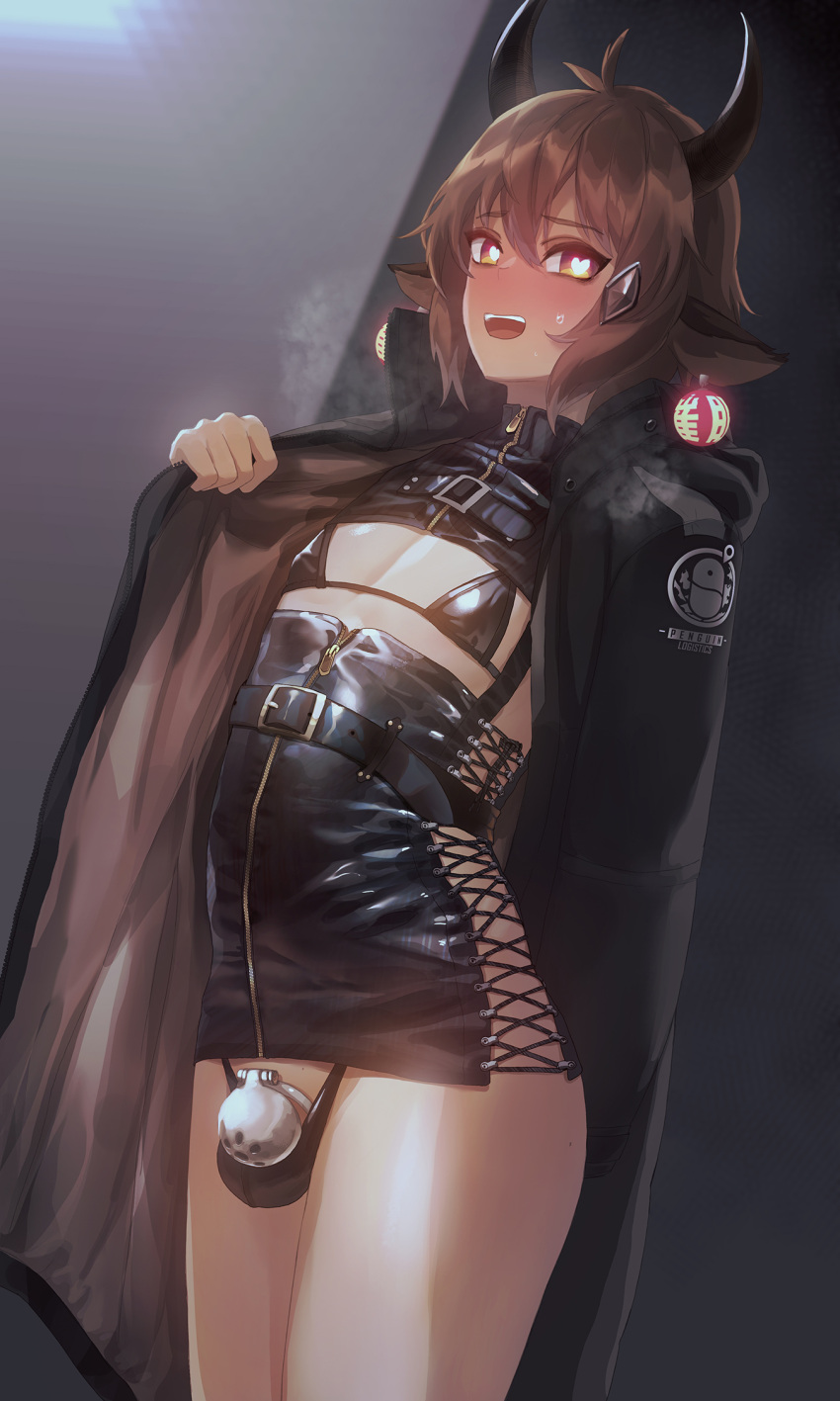 1boy :d arknights bangs bison_(arknights) black_bra black_dress black_jacket blush bra brown_eyes brown_hair chastity_cage crossdressing dress earrings heart heart-shaped_pupils highres horns jacket jewelry long_sleeves looking_at_viewer mo_ne navel open_clothes open_jacket open_mouth otoko_no_ko ox_ears ox_horns penis short_hair small_penis smile solo symbol-shaped_pupils underwear