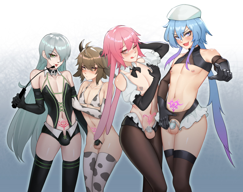 4boys :d alternate_hairstyle animal_print ansel_(arknights) arene_(arknights) arknights beret bison_(arknights) black_bow black_bowtie black_gloves black_legwear blue_eyes blue_hair blush bow bowtie bra brown_eyes brown_hair chastity_cage closed_mouth cow_print crossdressing elbow_gloves gins gloves green_eyes grey_hair hair_over_one_eye hat highres holding long_hair mizuki_(arknights) multiple_boys navel nipple_piercing nipples one_eye_closed open_mouth otoko_no_ko ox_ears ox_horns pantyhose penis piercing pink_eyes pink_hair small_penis smile tattoo testicles thighhighs tongue tongue_out underwear