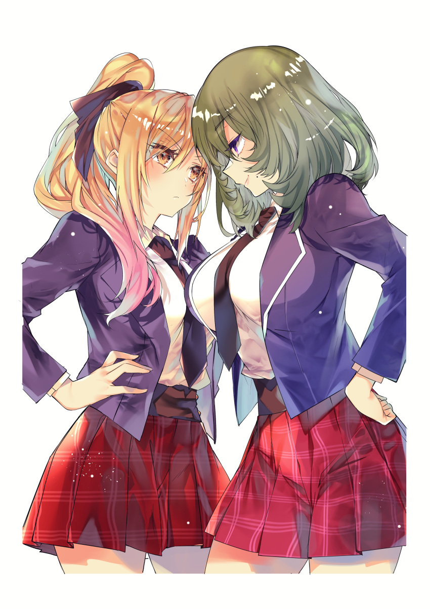 2girls absurdres black_necktie blonde_hair blue_jacket breasts collared_shirt colored_tips green_hair hair_behind_ear hands_on_hips highres jacket large_breasts looking_down louise_sara_rault medium_breasts medium_hair mole mole_under_mouth multicolored_hair multiple_girls necktie noelle_zel_lespinasse otome_gee_sekai_wa_mob_ni_kibishii_sekai_desu pink_hair plaid plaid_skirt ponytail red_skirt shiosato_jun shirt skirt smile white_shirt