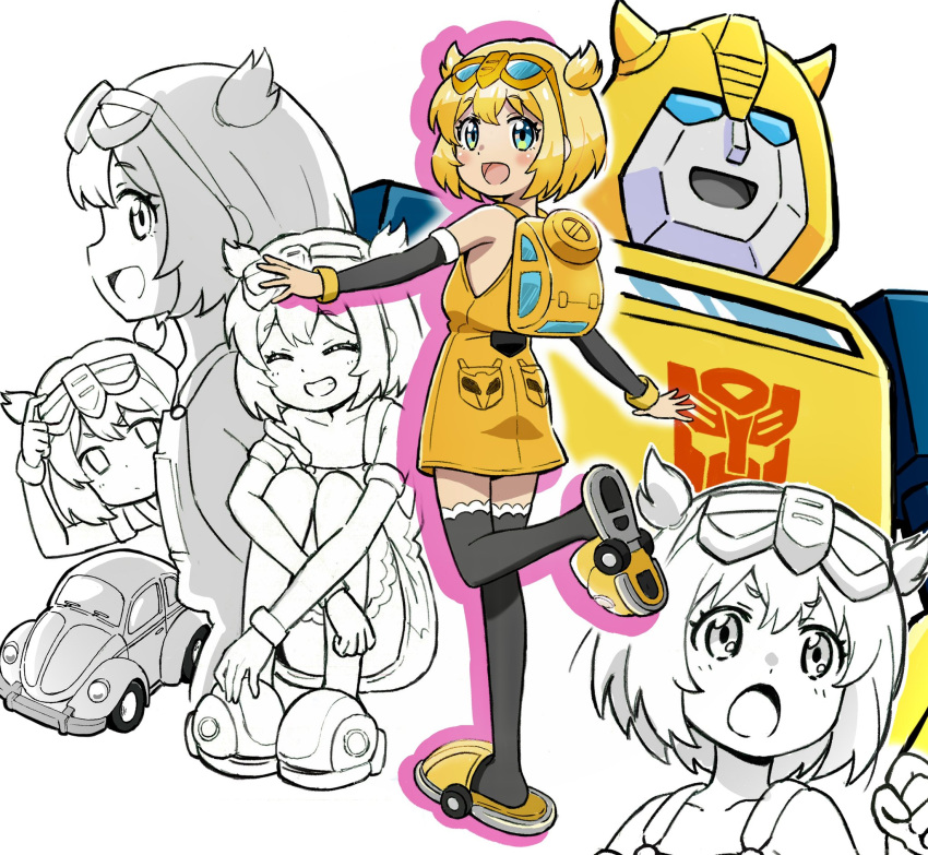 1boy 1girl ^_^ autobot backpack bag black_legwear blue_eyes blush bumblebee_(transformers) car clenched_hand closed_eyes dress eyewear_on_head genderswap genderswap_(mtf) ground_vehicle hair_behind_ear highres horns humanization komagoma mecha motor_vehicle multiple_views open_mouth robot slippers smile thighhighs transformers yellow_dress