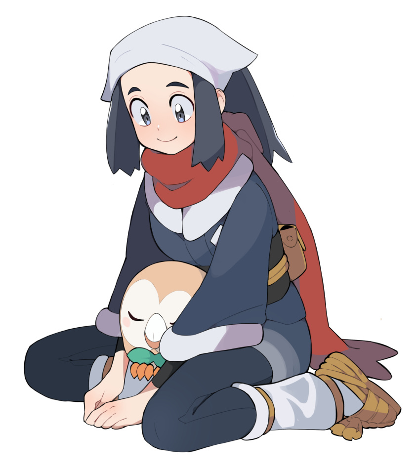 1girl akari_(pokemon) azuumori black_hair blue_eyes full_body highres long_hair long_sleeves pantyhose pokemon pokemon_(creature) pokemon_(game) pokemon_legends:_arceus red_scarf rowlet sandals scarf simple_background sitting smile solo white_background