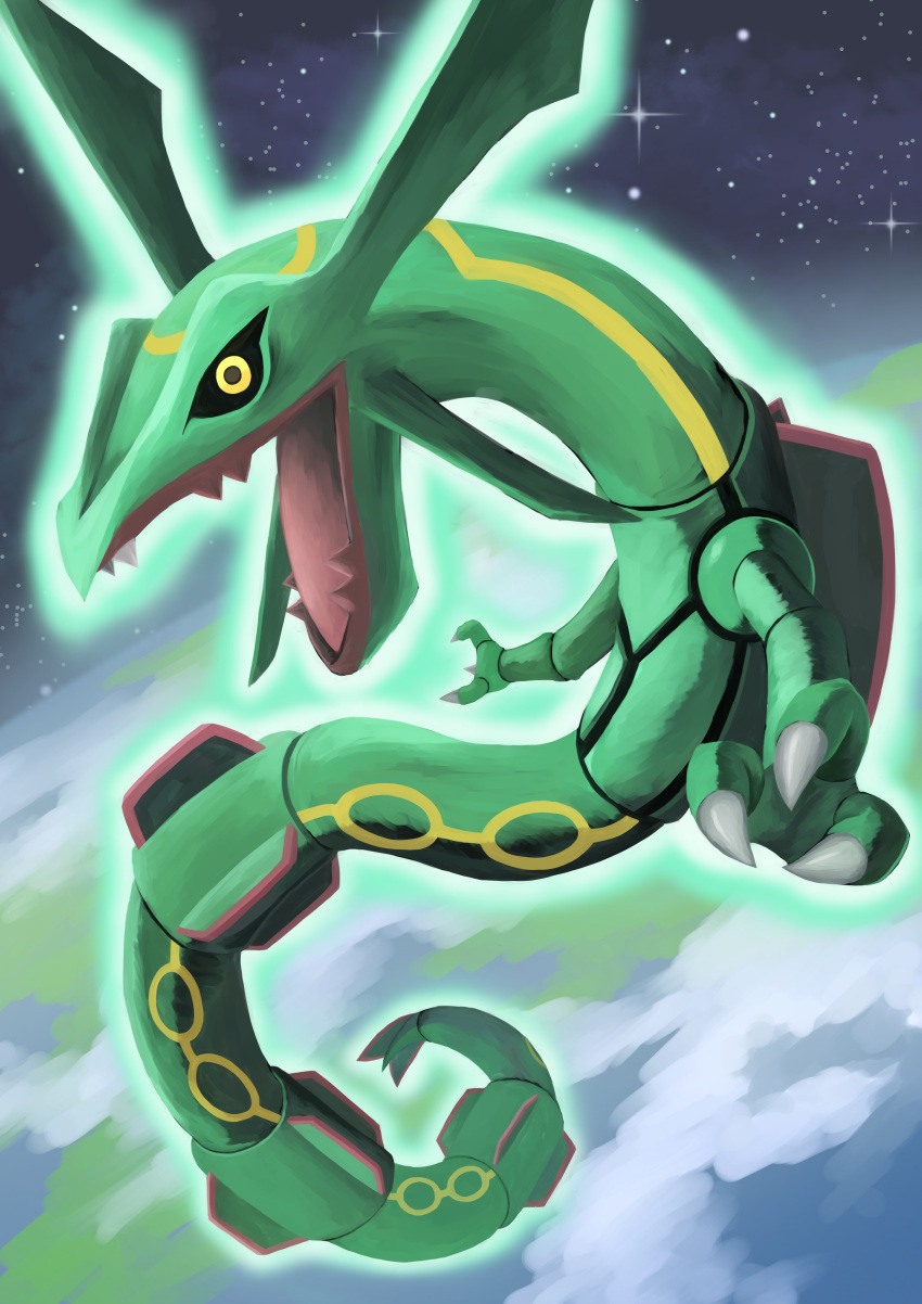 absurdres black_sclera claws colored_sclera commentary_request dragon eastern_dragon glowing highres jira_(ziraiya26) no_humans outdoors pokemon pokemon_(creature) rayquaza solo space yellow_eyes