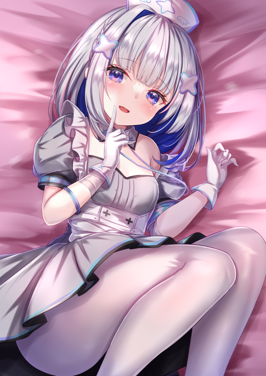 1girl amane_kanata bandaged_arm bandages bangs bed_sheet blue_eyes blue_hair blush breasts colored_inner_hair detached_collar dress fang feet_out_of_frame gloves grey_dress grey_hair hair_ornament hairclip hat highres hololive lanyard looking_at_viewer lying medium_hair multicolored_hair nurse nurse_cap on_bed on_side open_mouth pantyhose pink_hair pleated_dress puffy_short_sleeves puffy_sleeves short_sleeves single_bare_shoulder small_breasts smile solo streaked_hair virtual_youtuber white_gloves white_legwear x_hair_ornament yuano
