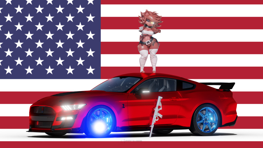 4th_of_july absurd_res bandaged_arm bandaged_chest bandaged_leg bottomwear canid canine car clothing female fishnet fishnet_armwear five_nights_at_freddy's ford ford_mustang ford_shelby fox foxy_(cally3d) foxy_(fnaf) fredina's_nightclub gesture glowing glowing_eyes gun hi_res looking_at_viewer mammal pointing pointing_at_viewer prykez ranged_weapon rifle scottgames shorts silencer smile solo stars_and_stripes torn_bottomwear torn_clothing torn_shorts united_states_of_america vehicle video_games weapon