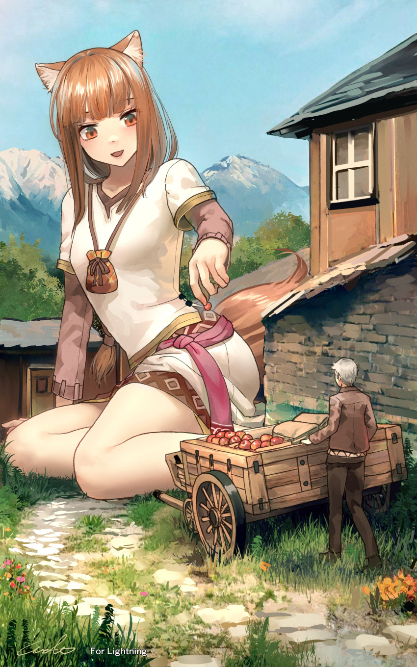 10:16 2022 absurd_res animal_humanoid apple brown_hair building canid canid_humanoid cart clothing corpsmanwelt day detailed_background duo female food footwear fruit grass grey_hair hair hi_res holding_apple holding_food holding_fruit holding_object holo_(spice_and_wolf) house human humanoid kraft_lawrence macro male mammal mammal_humanoid outside plant road shirt shoes sitting size_difference smile spice_and_wolf topwear