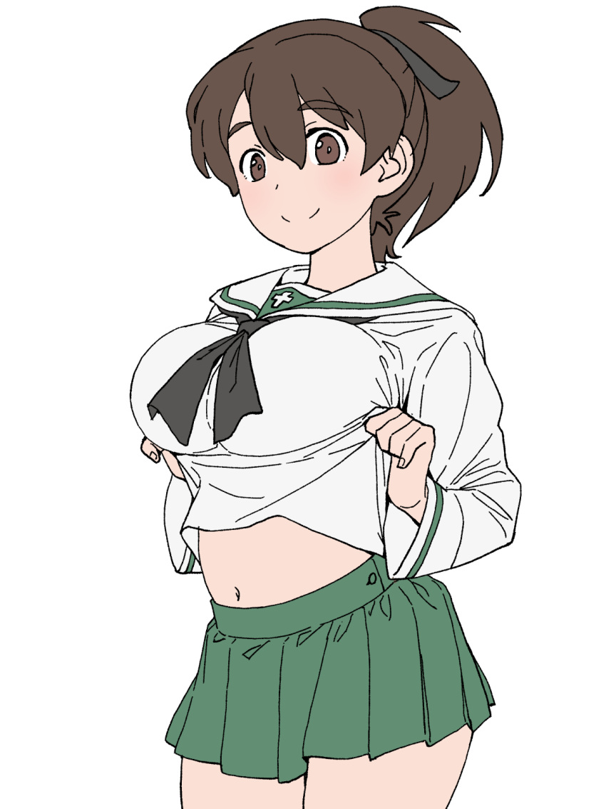 1girl breasts brown_eyes brown_hair closed_mouth clothes_lift cowboy_shot girls_und_panzer green_skirt hair_between_eyes highres koyama_yuzu large_breasts onsen_tamago_(hs_egg) ooarai_school_uniform pleated_skirt ponytail school_uniform shirt shirt_lift short_hair simple_background skirt smile solo white_background white_shirt