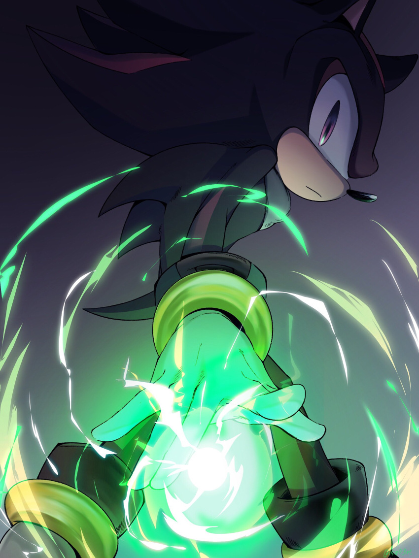 1boy black_fur bracelet energy_orb furry furry_male gauntlets gloves highres isa03re jewelry legband looking_at_viewer male_focus multicolored_fur orb pointy_nose red_eyes red_fur shadow_the_hedgehog shoes solo sonic_(series) spiked_hair white_fur