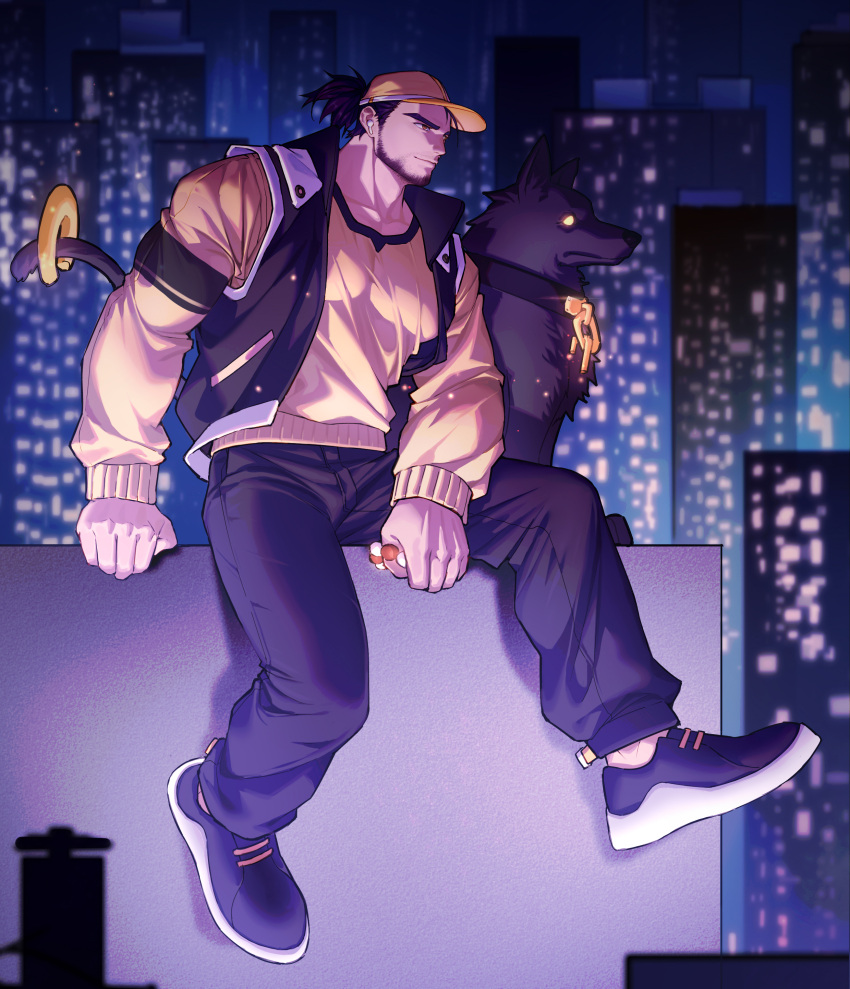 1boy absurdres baimeme bara beard biceps black_hair city city_lights clenched_hands denim dog earbuds earphones facial_hair glowing glowing_eyes hat highres jacket jeans long_hair long_sleeves looking_to_the_side male_focus manly mature_male muscular muscular_male night night_sky original pants pectorals shirt shoes sky sleeveless smirk solo spiked_hair thick_arms thick_eyebrows tight yellow_eyes