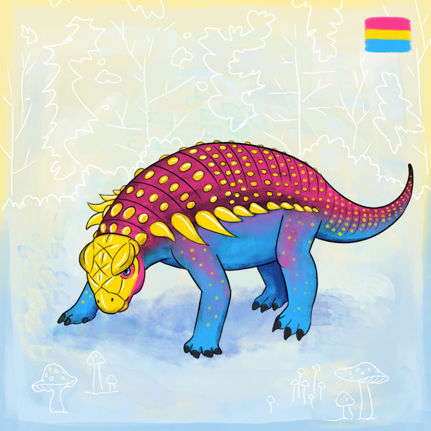 absurd_res ambiguous_gender claws dinosaur feral fungus hi_res kutv lgbt_pride multicolored_body mushroom panoplosaurus pansexual_pride_colors pride_color_body pride_colors reptile scalie sketch sketch_background solo spots spotted_body