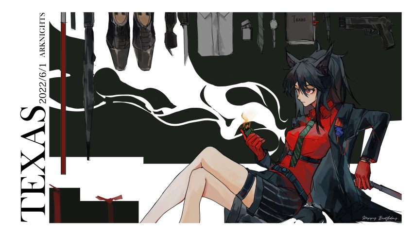 1girl absurdres animal_ears arknights black_hair black_jacket black_shorts breasts character_name collared_shirt copyright_name crossed_legs dated dress_jacket dress_shirt feet_up gloves green_necktie gun hair_between_eyes handgun happy_birthday highres holding holding_lighter jacket jinfeng0430 lighter long_sleeves medium_breasts necktie outside_border ponytail red_eyes red_gloves red_shirt shirt shoes shorts sitting sketch solo tail texas_(arknights) texas_(willpower)_(arknights) thigh_strap watch weapon white_background wolf_ears wolf_girl wolf_tail wristwatch