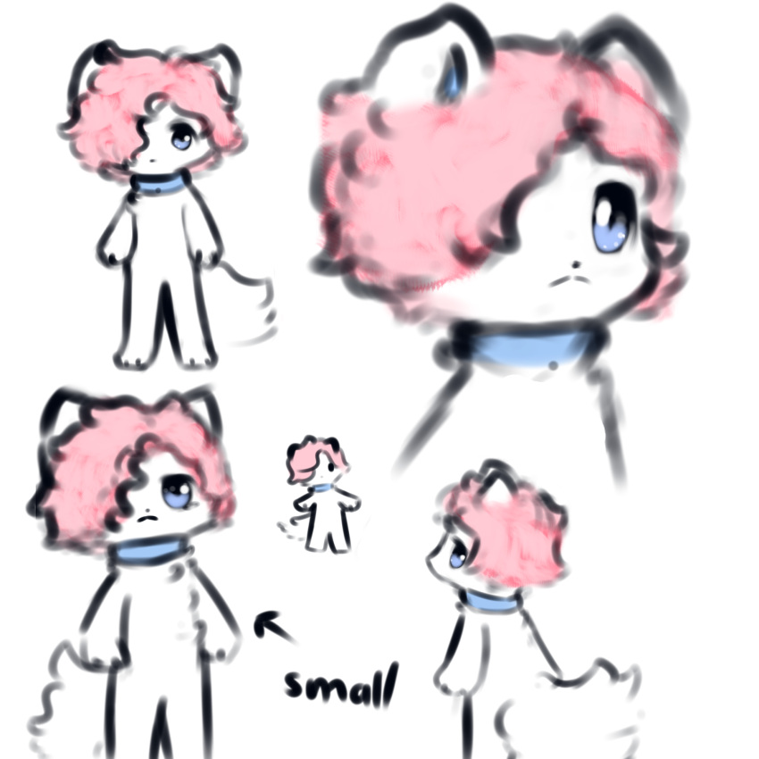 anthro arctic_fox blue_eyes blue_sclera canid canine collar female fluffy fluffy_tail fox fur group hair hair_over_eye hi_res mammal nude one_eye_obstructed one_eye_visible pink_hair sarah_(snoiifoxxo) simple_background snoiifoxxo text tuft white_body white_fur