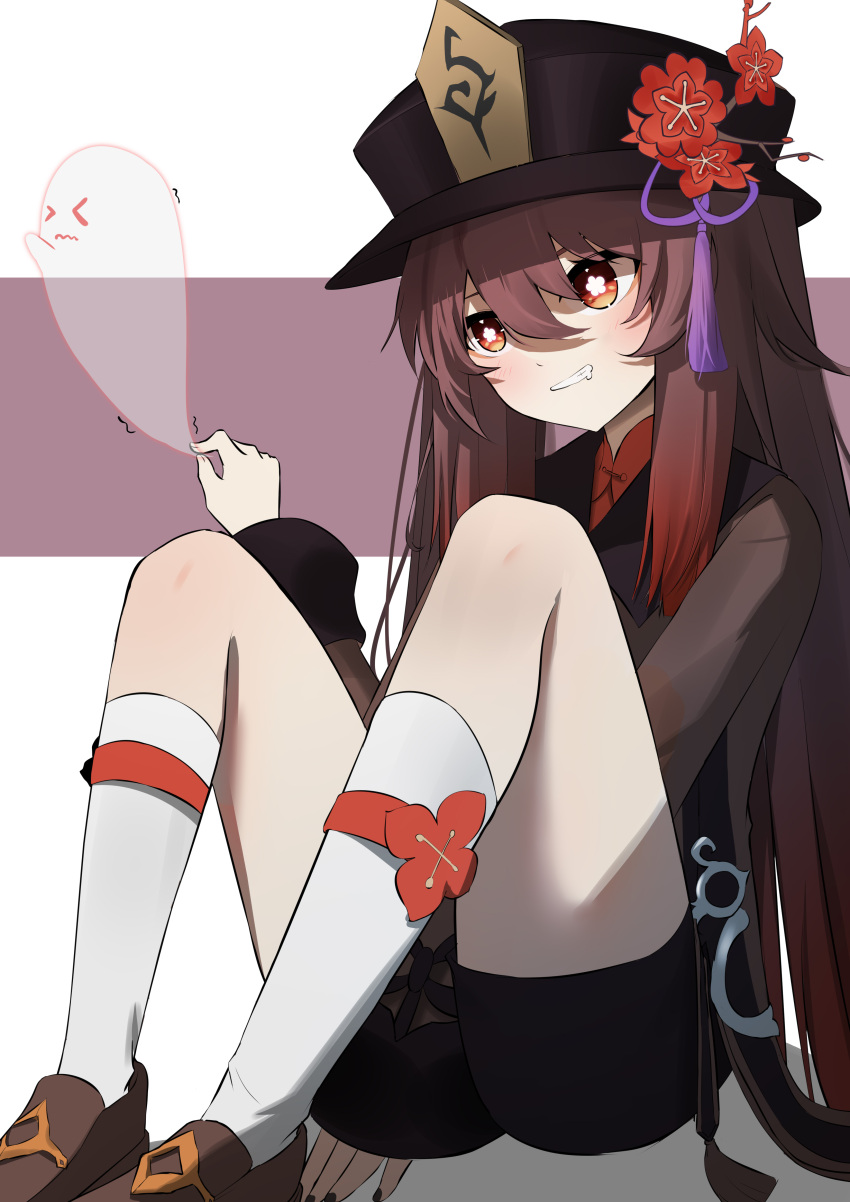 1girl absurdres black_nails black_shorts blush brown_hair chinese_clothes coat flower flower-shaped_pupils full_body genshin_impact ghost gradient_hair hat highres hu_tao_(genshin_impact) multicolored_hair plum_blossoms porkpie_hat qixia red_eyes red_shirt shirt shorts sitting symbol-shaped_pupils white_background white_legwear