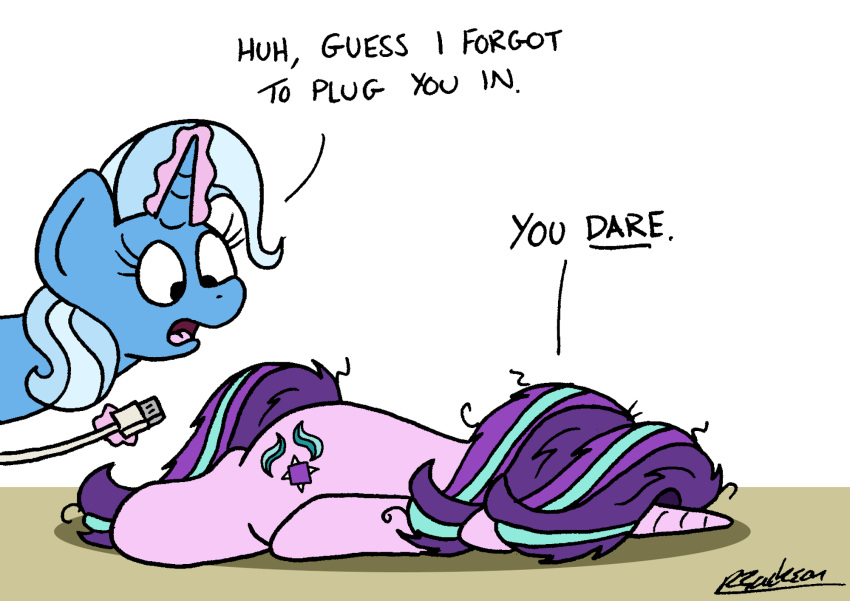 bobthedalek cutie_mark daring dialogue drained duo equid equine female feral frazzled_hair friendship_is_magic glowing glowing_horn hasbro hi_res horn magic mammal my_little_pony possible_anal possible_vaginal starlight_glimmer_(mlp) trixie_(mlp) unicorn usb_cable