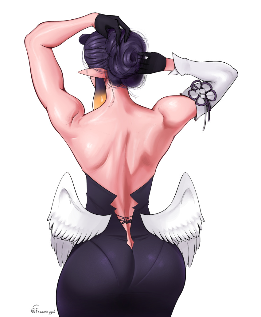 absurdres arms_behind_head arms_up ass back back_view bare_back dress facing_away fraankyy from_behind gloves highres hololive hololive_english large_ass muscular muscular_female ninomae_ina'nis panties pointy_ears sketch tight tight_clothing tight_dress tight_fit underwear wide_hips wings