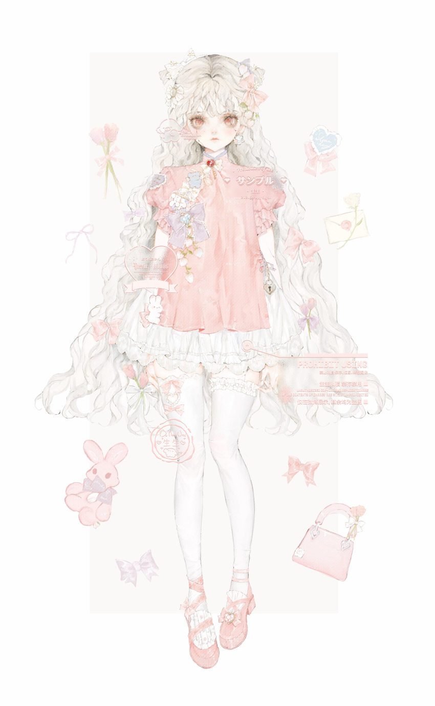 1girl absurdres blush bow dress hair_bow highres long_hair looking_at_viewer original pink_bow pink_dress pink_footwear red_eyes shoes short_sleeves solo ssss_ve thighhighs very_long_hair white_hair white_legwear