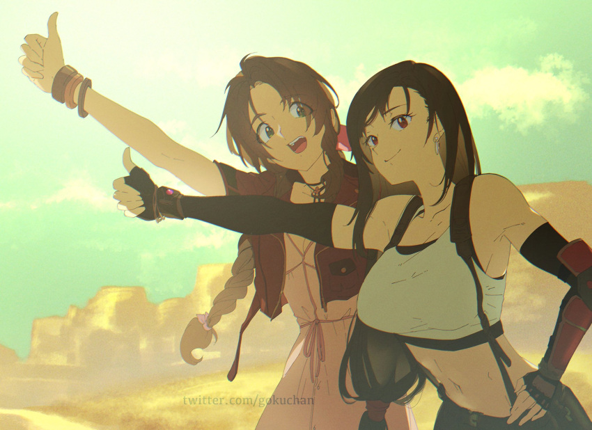 2girls aerith_gainsborough bangle bangs bare_shoulders black_hair black_skirt bracelet braid braided_ponytail breasts brown_hair choker cleavage cropped_jacket desert dress earrings final_fantasy final_fantasy_vii final_fantasy_vii_remake fingerless_gloves gloves goku-chan green_eyes hair_ribbon hand_on_hip highres hitchhiking jacket jewelry large_breasts long_hair low-tied_long_hair medium_breasts midriff multiple_girls navel open_mouth outdoors outstretched_arm parted_bangs pink_dress red_eyes red_jacket ribbon shirt short_sleeves sidelocks skirt sleeveless sleeveless_shirt smile sports_bra suspender_skirt suspenders teeth thumbs_up tifa_lockhart upper_body upper_teeth white_shirt