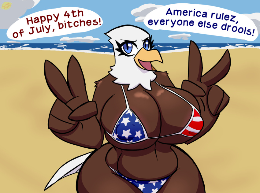 4th_of_july accipitrid accipitriform american_eagle anthro avian bald_eagle beach beak belly big_breasts bikini bird blue_eyes breasts brown_body clothing curvy_figure detailed_background eagle english_text gesture lemondude sea_eagle seaside solo swimwear text thick_thighs v_sign