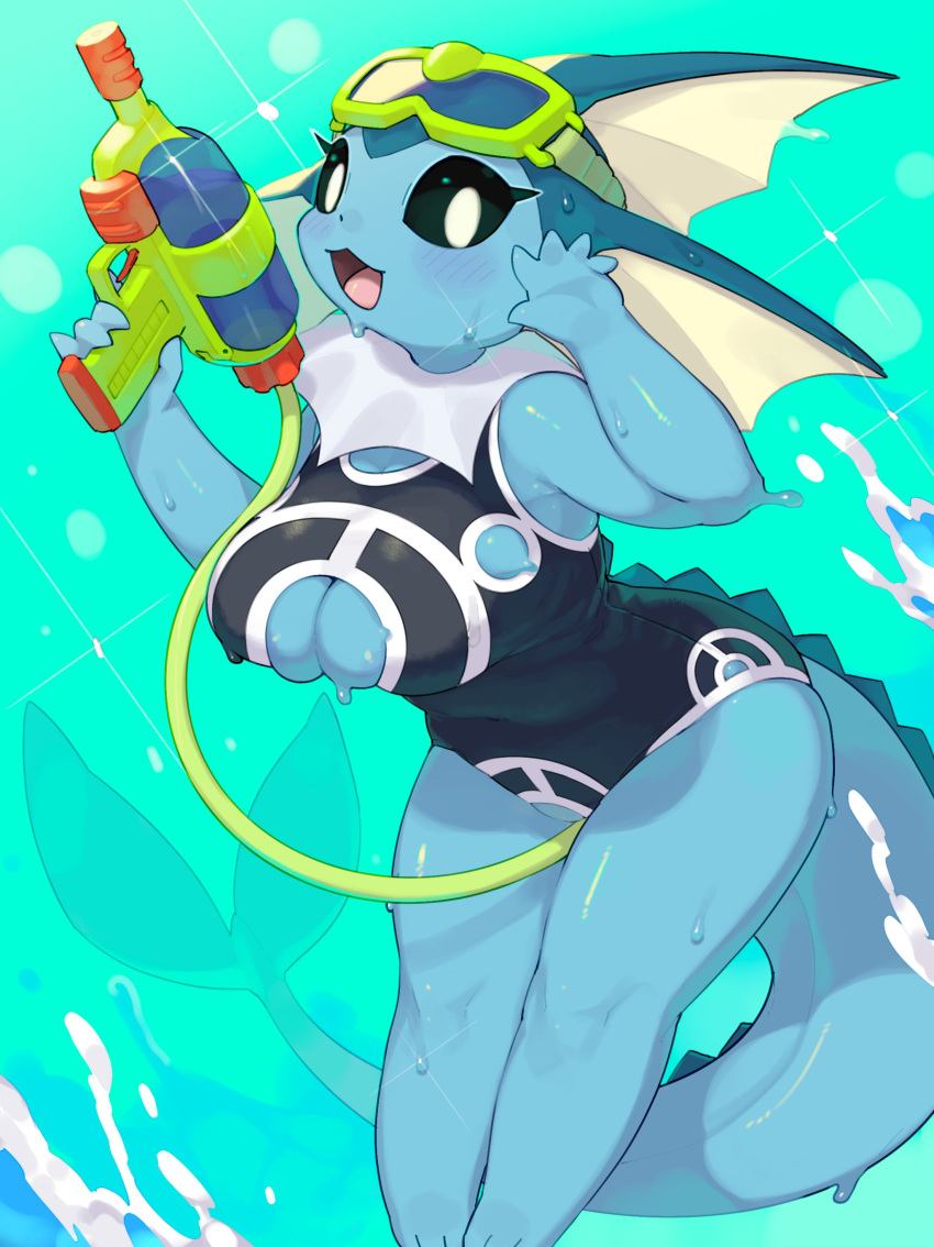 1girl :d absurdres animal_ears black_sclera blue_skin blush breasts colored_sclera colored_skin commentary furry furry_female goggles goggles_on_head hand_up highres holding holding_water_gun kame_(3t) large_breasts looking_at_viewer no_pupils one-piece_swimsuit open_mouth pokemon pokemon_(creature) smile solo standing swimsuit symbol-only_commentary tail thighs vaporeon water water_gun wet white_eyes