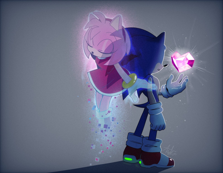 1boy 1girl amy_rose anhminh_vo artist_name blue_fur bracelet clenched_hand closed_eyes crystal diadem dress floating floating_object gem gloves headband heart highres hologram jewelry light light_rays pink_fur shadow shoes simple_background sonic_(series) sonic_frontiers sonic_the_hedgehog