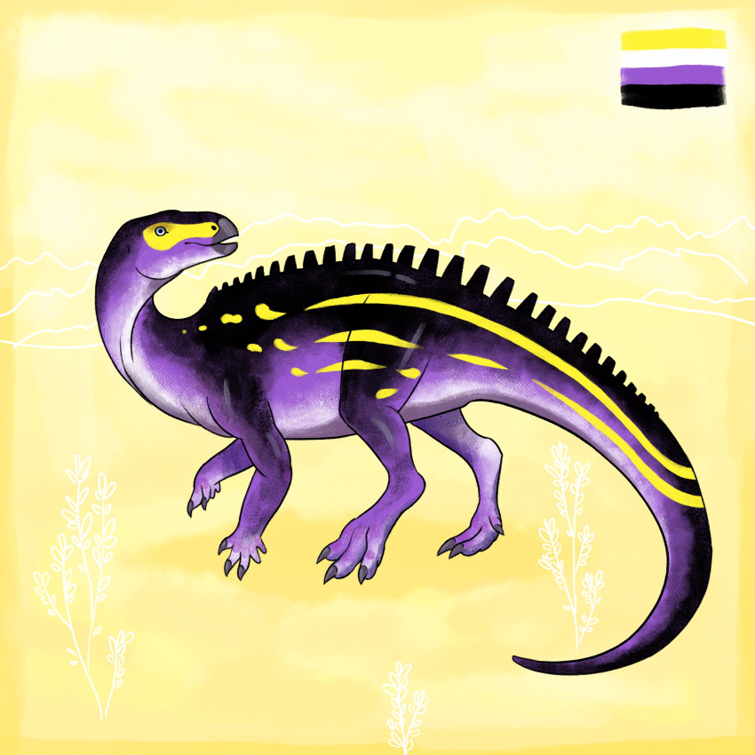 absurd_res ambiguous_gender back_spines beak dinosaur feral hi_res kutv lgbt_pride looking_back multicolored_body nonbinary_pride_colors open_mouth pride_color_markings pride_colors reptile scalie solo spines striped_body stripes tenontosaurus two_tone_body