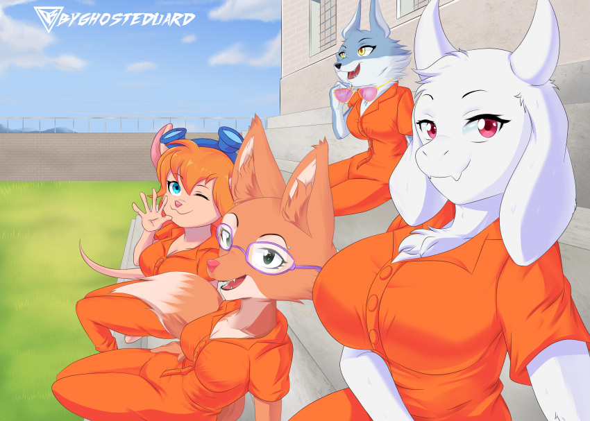absurd_res anthro big_breasts boss_monster bovid breasts byghosteduard canid canine canis caprine chip_'n_dale_rescue_rangers clothed clothing diane_foxington disney dreamworks female fur gadget_hackwrench hi_res horn illumination_entertainment mammal porsha_crystal sing_(movie) smile the_bad_guys toriel undertale undertale_(series) video_games white_body white_fur wolf