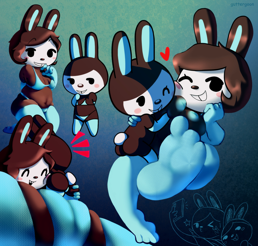 2022 animal_crossing anthro blue_clothing blue_nipples blue_underwear bra breasts brown_body brown_fur brown_hair butt butt_grab camel_toe carmen_(animal_crossing) clothed clothing digital_media_(artwork) duo exposed_breasts face_squish feet female female/female fur genitals gloves gradient_background guttergoon hair hand_on_butt handwear hi_res kneeling lagomorph leporid mammal multiple_poses nintendo nipples panties plump_labia pose pussy rabbit selfcest selfie simple_background smile smiling_at_viewer square_crossover squish tucked_arm underwear video_games white_face white_tail