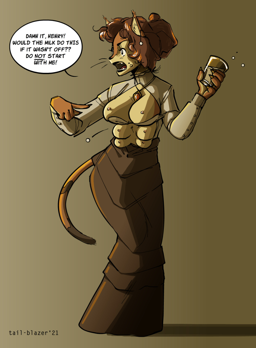 2021 6_breasts amulet anthro beverage breast_growth breasts brown_background brown_body dialogue digital_media_(artwork) domestic_cat english_text felid feline felis female growth hi_res holding_beverage holding_object implied_transformation mammal multi_breast nipples open_mouth simple_background solo tail-blazer text