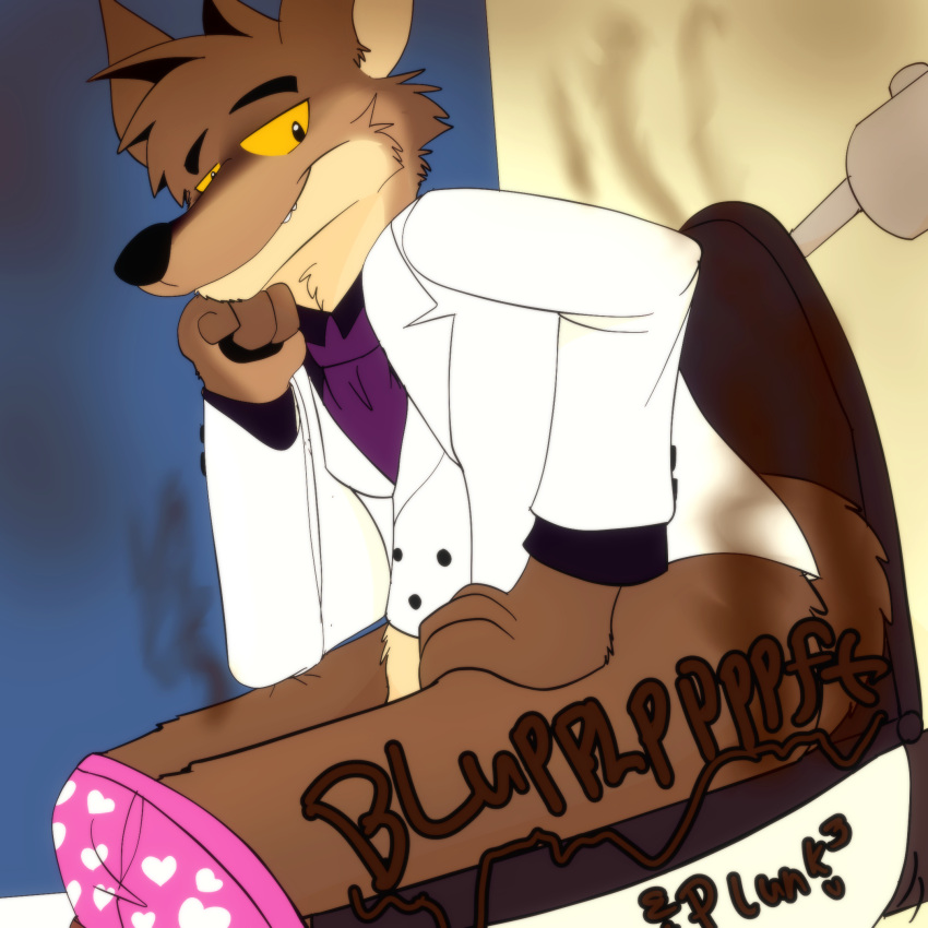 anthro bathroom bottomwear bottomwear_down brown_body brown_fur canid canine canis clothed clothing dreamworks fart feces fur hi_res implied_pooping implied_scat king-triangle male mammal mr._wolf_(the_bad_guys) pants pants_down partially_clothed pink_clothing pink_underwear pooping public_restroom restroom_stall solo solo_focus stink_lines the_bad_guys toilet toilet_use underwear wolf