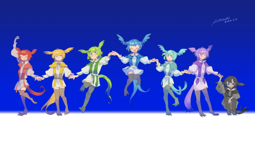 6+girls :o ^_^ ^o^ alternate_color aoihinoki aqua_capelet aqua_eyes aqua_hair arm_up artist_name bird_girl bird_legs bird_tail bird_wings black_capelet black_hair blonde_hair blue_background blue_capelet blue_hair blush brooch capelet closed_eyes colored_skin commentary dated dress english_commentary feathered_wings final_fantasy final_fantasy_xiv frown full_body green_capelet green_hair grey_skin head_wings highres holding_hands jewelry jumping knees_up leg_up long_sleeves looking_at_another meteion multiple_girls multiple_persona no_pupils purple_eyes purple_hair red_capelet red_hair short_hair signature sitting smile spoilers standing tail talons two-tone_background white_background white_dress wings yellow_capelet
