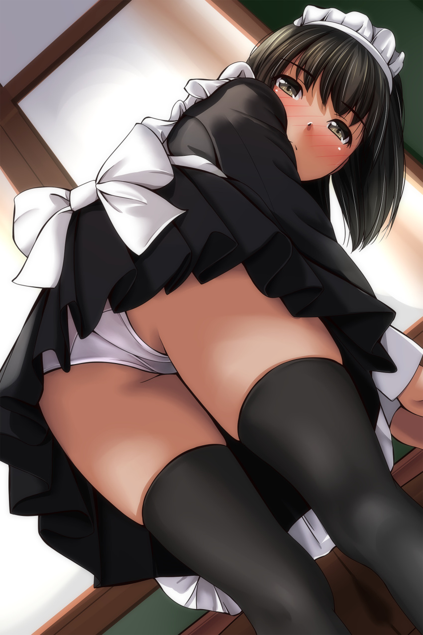 1girl absurdres apron bangs black_hair black_legwear blush bow brown_eyes commentary_request dutch_angle from_below full-face_blush hand_on_table highres kneehighs looking_at_viewer looking_back maid maid_apron maid_headdress matsunaga_kouyou original panties short_hair solo standing underwear upskirt white_bow white_panties