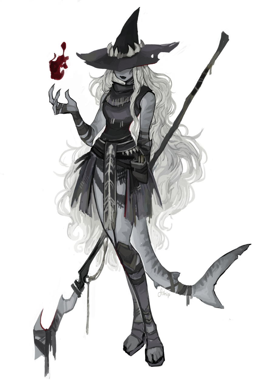 1girl absurdres black_lips blood closed_mouth colored_skin contrapposto curly_hair fewer_digits fish_tail full_body grey_hair grey_skin hand_up hat hemokinesis highres holding holding_staff lipstick long_hair makeup matilda_fiship original shark_girl shark_tail signature simple_background solo staff tail toeless_footwear very_long_hair white_background witch_hat