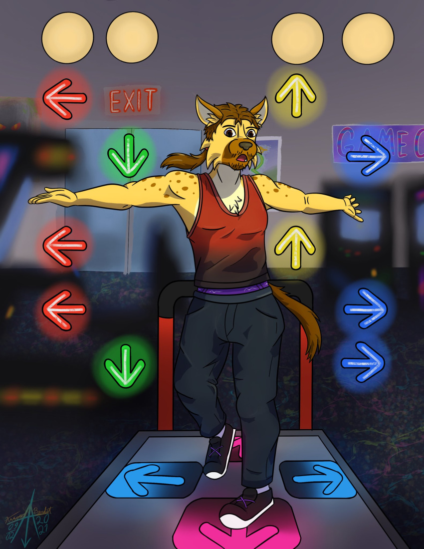 anthro arcade arrow arrowbandit bemani black_bottomwear black_clothing black_jeans black_pants bottomwear brown_eyes brown_hair brown_spots clothing dance_dance_revolution dancing denim denim_clothing facial_hair facial_tuft footwear front_view fur fuzeyeen gameplay_mechanics gaming hair hi_res hyaenid jeans konami long_hair male mammal mustache neon neon_lights pants playing_videogame ponytail purple_clothing purple_undergarments purple_underwear red_clothing red_shirt red_tank_top red_topwear scruffy shirt shoes sneakers solo spots spotted_body spotted_fur spotted_hyena tank_top tired topwear underwear video_games window yellow_body yellow_fur