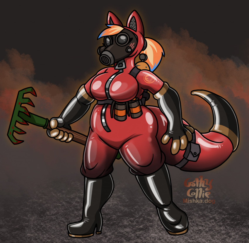 anthro armwear big_breasts blush boots breasts canid canine canis clothing domestic_dog elbow_gloves explosives female footwear gas_mask gloves gothycollie grenade handwear hi_res latex_gloves mammal mask pyro_(team_fortress_2) rake rubber rubber_boots rubber_clothing rubber_suit solo team_fortress_2 tools valve video_games weapon zipper