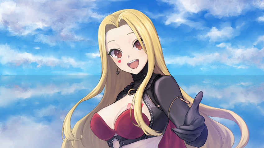 1girl absurdres black_gloves blonde_hair breasts bustier cloud earrings elbow_gloves facial_mark g9_(jiiku) gloves heart heart_earrings highres horizon jewelry large_breasts long_hair long_sleeves looking_at_viewer luis_cammy mole mole_under_mouth nijisanji o-ring open_mouth outstretched_arm red_eyes reflection sky smile solo upper_body very_long_hair virtual_youtuber water zipper_pull_tab