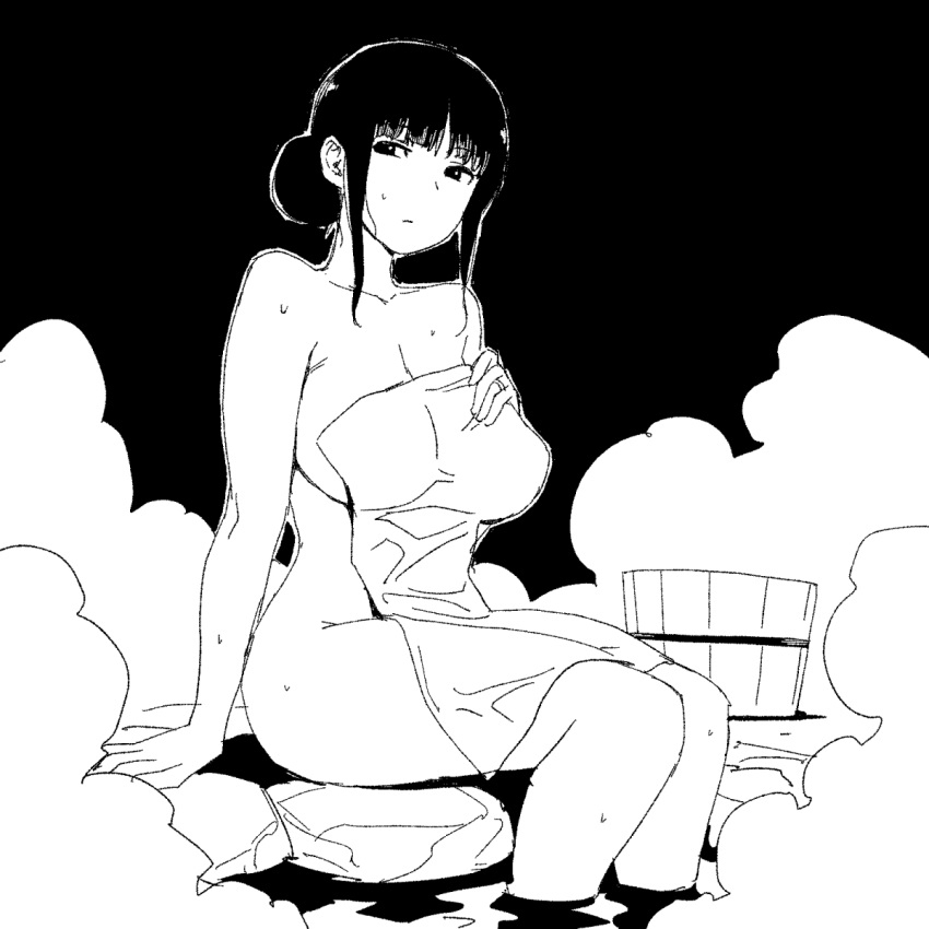 1girl alternate_hairstyle black_background breasts bucket closed_mouth feet_out_of_frame girls_und_panzer greyscale hair_bun highres large_breasts monochrome naked_towel nishizumi_shiho onsen onsen_tamago_(hs_egg) sidelocks sitting solo steam towel water wet