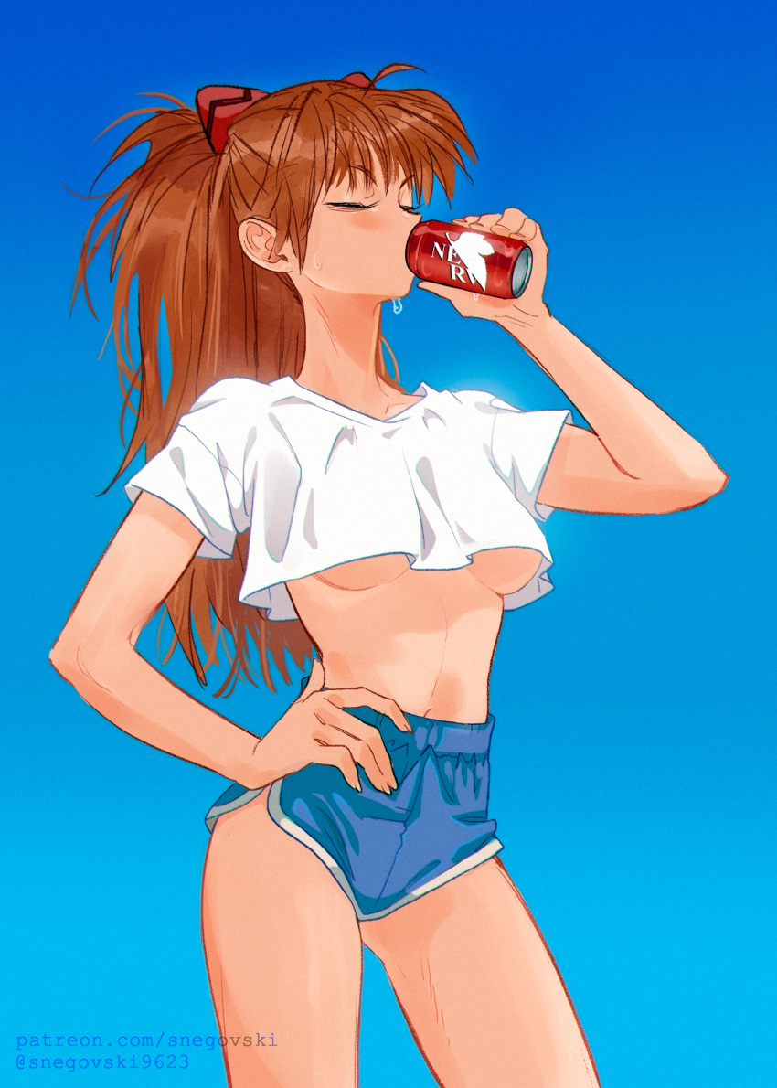 1girl blush breasts breasts_apart can crop_top dolphin_shorts drinking highres interface_headset long_hair midriff_peek navel neon_genesis_evangelion no_bra shirt short_shorts shorts snegovski solo souryuu_asuka_langley sweatdrop t-shirt two_side_up underboob