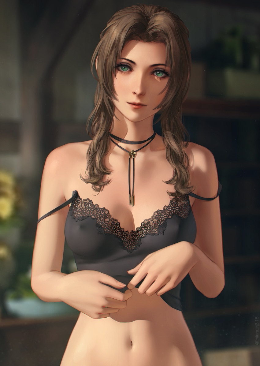 1girl aerith_gainsborough bangs black_camisole blurry blurry_background bolo_tie breasts brown_hair camisole camisole_lift cleavage collarbone covered_nipples final_fantasy final_fantasy_vii final_fantasy_vii_remake green_eyes highres lace-trimmed_camisole lace_trim looking_at_viewer miura-n315 navel parted_bangs solo stomach strap_slip undressing upper_body