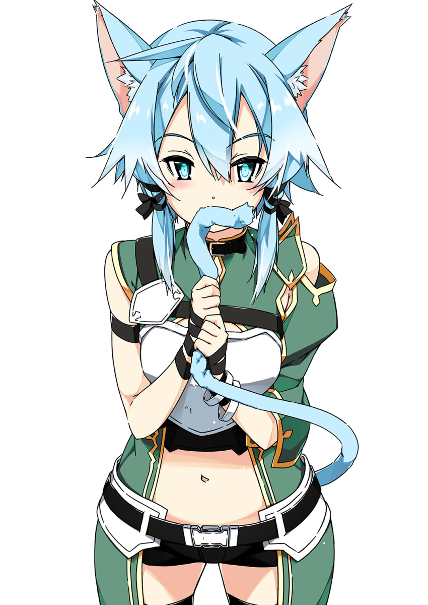 1girl animal_ear_fluff animal_ears armor biting blue_hair blush breastplate cat_ears hair_between_eyes highres navel shikei short_hair short_shorts shorts sidelocks single_sleeve sinon solo sword_art_online tail tail_biting thighhighs thighs white_background