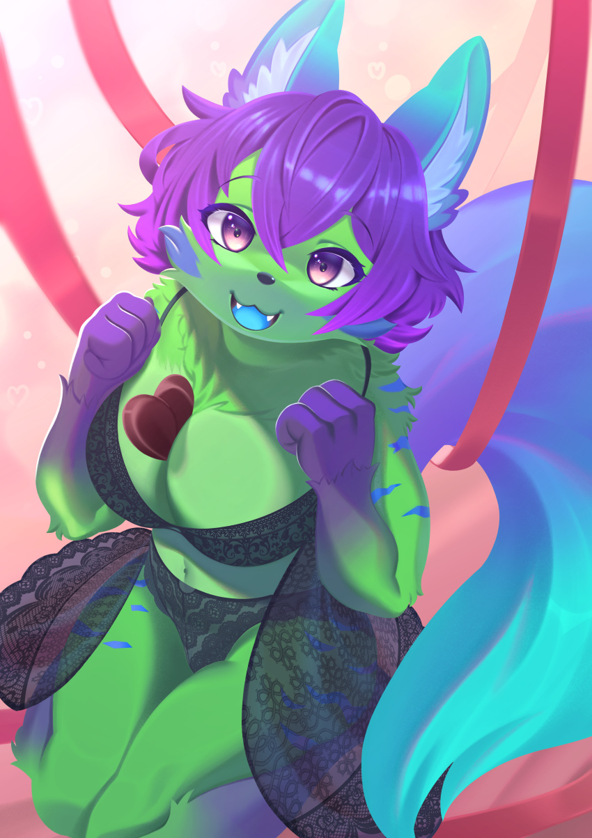 2022 4_fingers absurd_res anthro between_breasts blue_body blue_fur blue_tongue breasts canid canine clothed clothing cute_fangs female fingers fox fur gloves_(marking) green_body green_fur hair hi_res high-angle_view kemono kimako-desu leg_markings lingerie mammal markings multicolored_body multicolored_fur navel nijiko object_between_breasts open_mouth purple_body purple_eyes purple_fur purple_hair short_hair socks_(marking) solo tongue