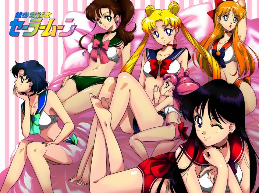 6+girls adapted_costume aino_minako back_bow bare_legs barefoot bed bishoujo_senshi_sailor_moon bow bra chibi_usa choker hino_rei inner_senshi kino_makoto lingerie logo mizuno_ami multiple_girls on_bed one_eye_closed panties sailor_chibi_moon sailor_collar sailor_jupiter sailor_mars sailor_mercury sailor_moon sailor_moon_narikiri_bra_set sailor_venus striped striped_background tiara_removed torabiyori tsukino_usagi underwear underwear_only