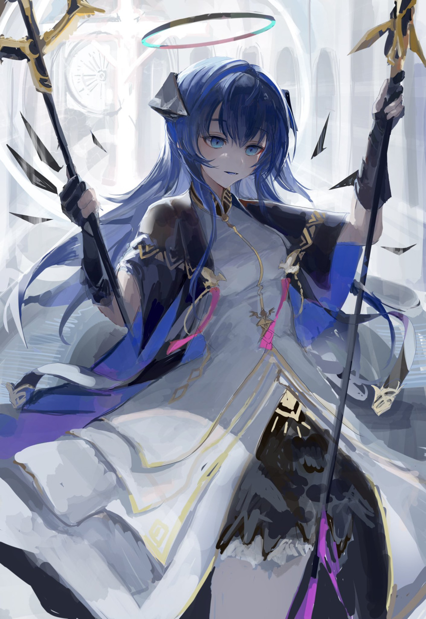 1girl arknights black_gloves black_wings blue_eyes blue_hair blue_tongue colored_tongue cowboy_shot dark_halo detached_wings dress dual_wielding energy_wings gloves halo hands_up highres holding holding_staff long_hair looking_down mostima_(arknights) mostima_(spellbreaker)_(arknights) official_alternate_costume parted_lips partially_fingerless_gloves sankichi_(croquette_crab) short_sleeves sidelocks solo staff unfinished white_dress wings