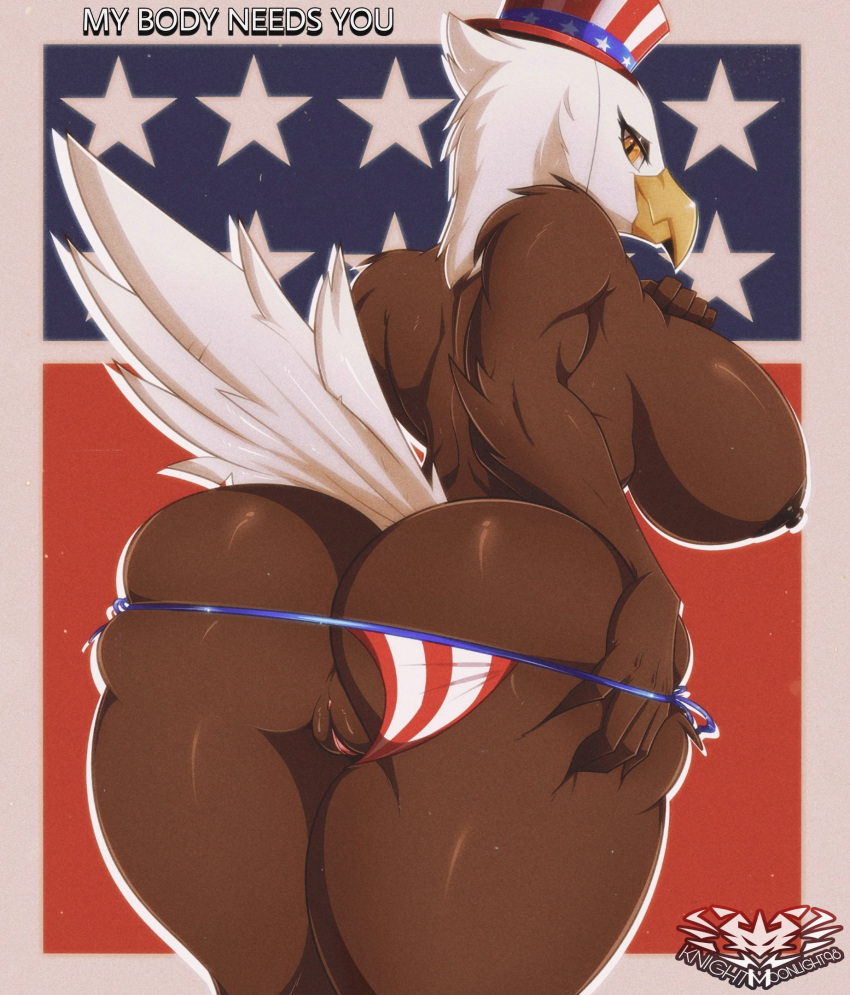 2022 4th_of_july accipitrid accipitriform american_eagle anthro anus avian bald_eagle big_breasts big_butt bird breasts brown_body brown_feathers butt clothing eagle english_text feathers female genitals hi_res huge_breasts huge_butt knightmoonlight98 looking_at_viewer looking_back nipples pussy sea_eagle solo text underwear