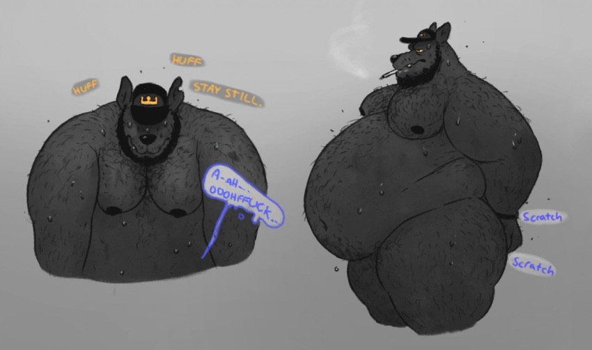 anthro beard black_body black_fur canid canine canis cigarette clothing crimetxt dialogue facial_hair fur hat headgear headwear male mammal mature_male moobs overweight overweight_male scratching_butt sex smoking solo text thick_thighs wolf