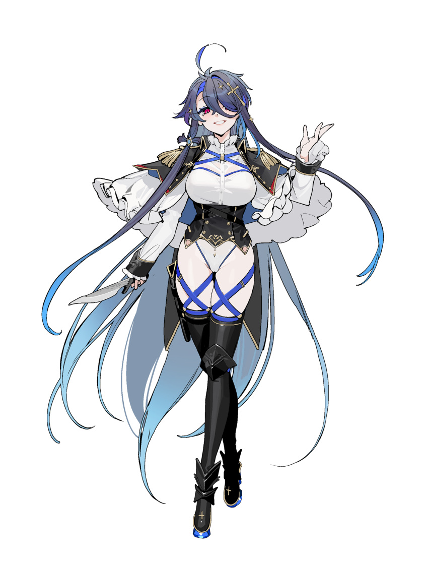 1girl ahoge alternate_costume alternate_hair_length alternate_hairstyle armored_boots azur_lane bangs boots breasts bug butterfly cameltoe capelet colored_inner_hair corset cross_hair_ornament foch_(azur_lane) full_body gradient_hair groin hair_ornament hair_over_one_eye hand_up highres holding holding_knife holster knife leotard lips long_hair long_sleeves looking_at_viewer medium_breasts multicolored_hair ohisashiburi purple_hair red_hair shirt simple_background slit_pupils smile solo teeth thigh_boots thigh_holster very_long_hair white_background white_leotard white_shirt