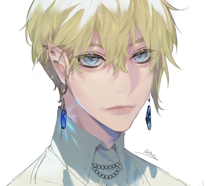 1boy blonde_hair blue_eyes blue_gemstone closed_mouth ear_piercing earrings eyes_visible_through_hair face gem grey_background hair_between_eyes highres jewelry light_blue_eyes looking_at_viewer male_focus original piercing pink_lips signature simple_background sketch solo soono_(rlagpfl) upper_body