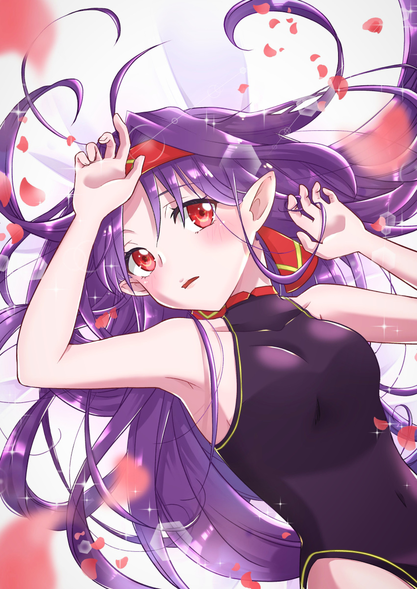 1girl absurdres ahoge armpits blurry blush bokeh breasts collarbone covered_nipples depth_of_field dutch_angle hair_intakes hand_on_own_forehead highleg highleg_leotard highres leotard long_hair looking_at_viewer lying on_back parted_lips petals pointy_ears red_ribbon ribbon small_breasts solo sword_art_online tsukishima_eto white_background yuuki_(sao)