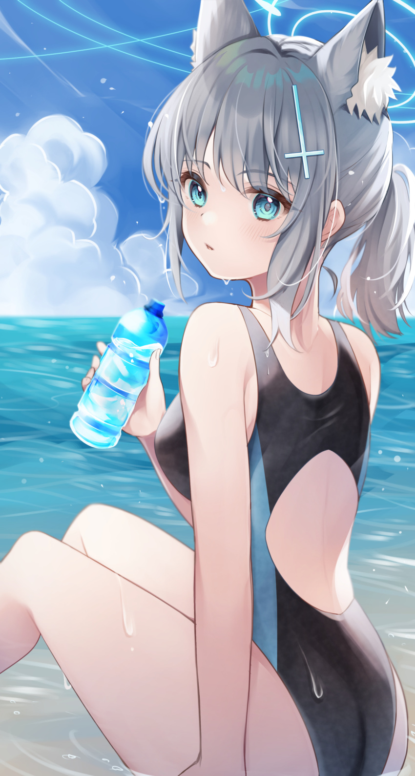 absurdres animal_ear_fluff animal_ears arm_support back blue_archive blue_sky bottle breasts cloud cloudy_sky competition_swimsuit cross_hair_ornament hair_ornament halo highres ichinose_(sorario) looking_at_viewer looking_to_the_side mismatched_pupils ocean one-piece_swimsuit partially_submerged shiroko_(blue_archive) shiroko_(swimsuit)_(blue_archive) short_ponytail sitting sky swimsuit water