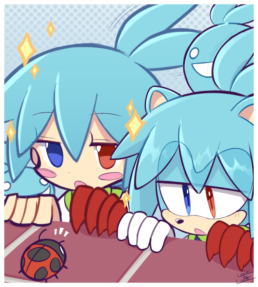 2boys animal_ears blue_eyes blue_hair blush_stickers bug furrification furry gloves heterochromia highres ladybug leslietheluna multiple_boys open_mouth puyopuyo red_eyes short_hair sig_(puyopuyo) single_glove white_gloves